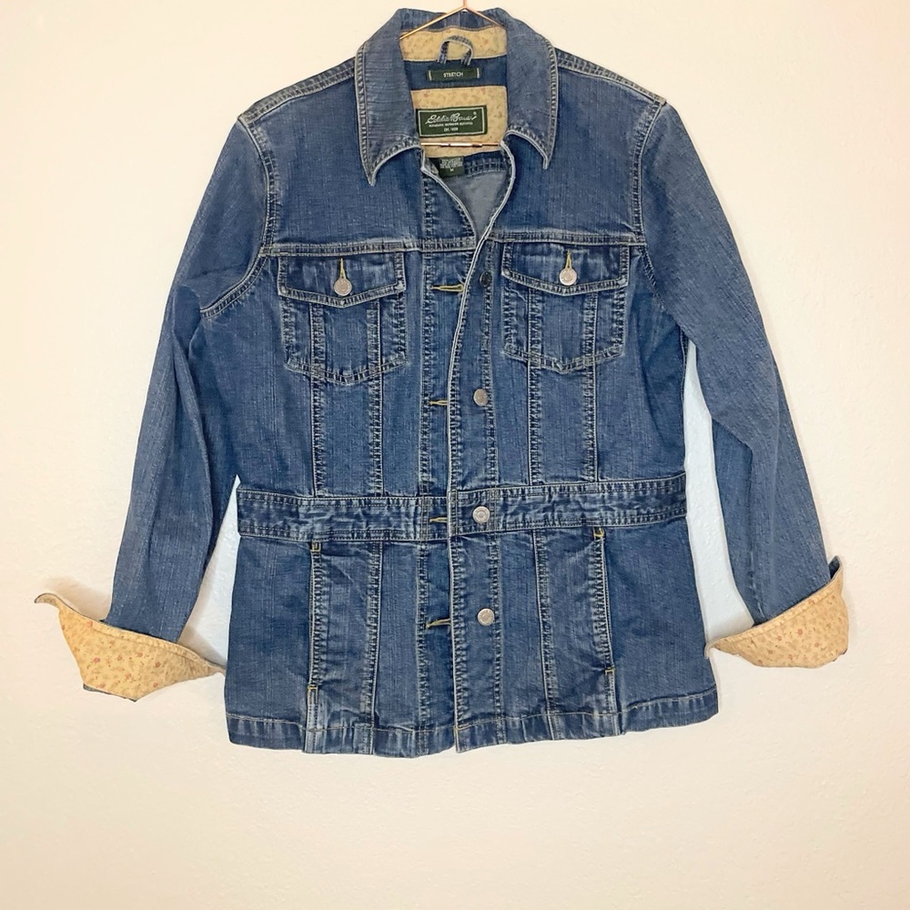 Eddie Bauer Denim Jacket Floral Cuffs Womens Medium Jean Coat Casual